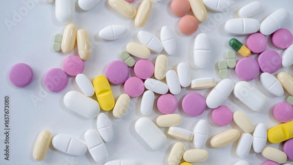 Fototapeta Pills, tablets, capsules, vitamins and omega3 on the white table