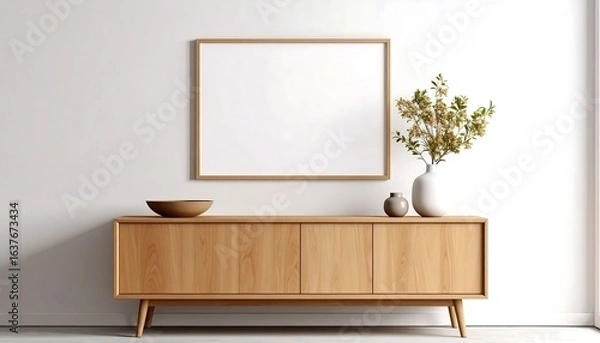 Fototapeta Light wood sideboard with blank square frame and vase of dried flowers