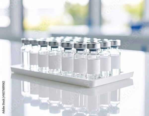 Fototapeta Multiple clear glass vials with blank labels on a white tray in a modern laboratory