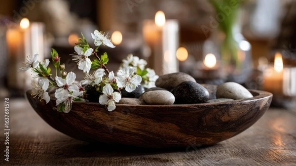 Fototapeta A wooden bowl with white flowers and stones on a table, candles in the background, creating a peaceful atmosphere.