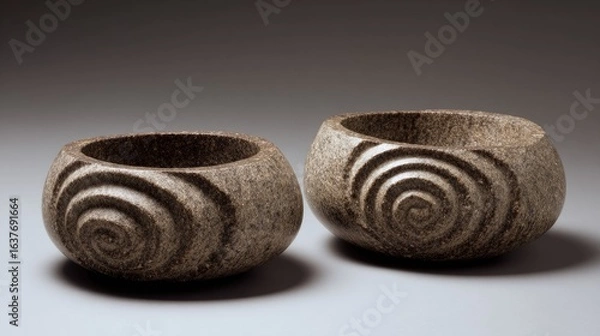 Fototapeta Two Stone Bowls with Spiral Patterns on Beige Surface