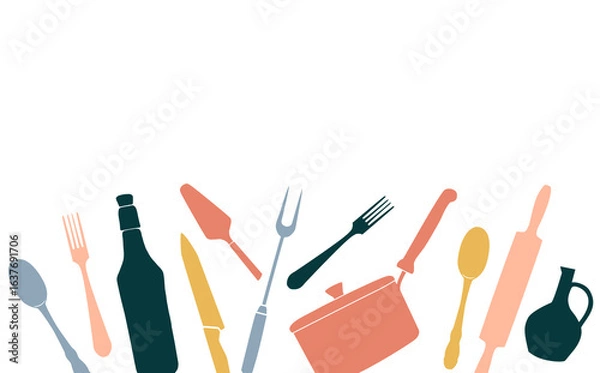 Fototapeta Cooking  Background with empty spase for text. Doodle Set of Isolated Kitchen Utensils in pastel colors. Restaurant Design Poster. Vector illustration. Culinary blog border. 