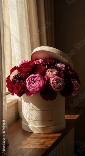 Fototapeta Box of colorful roses in natural light on wooden table  