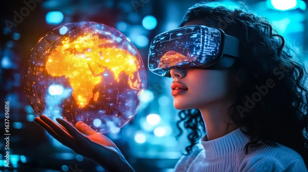 Fototapeta A woman wearing VR glasses interacts with a holographic globe. The concept of virtual reality, global connectivity, and futuristic business innovation. Generative AI.