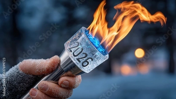 Fototapeta 2026 Torch with Burning Flame in Winter Background