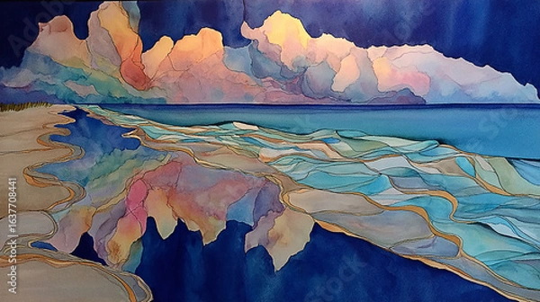 Fototapeta Serene coastal landscape with vibrant clouds reflecting on calm waters, evoking tranquility