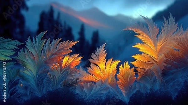 Obraz Abstract Frosted Surfaces Layered Composition with Mountain Background