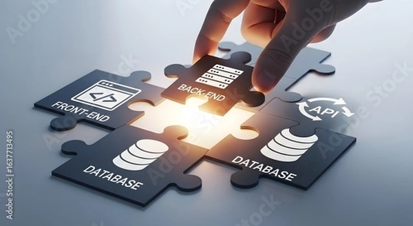 Obraz Web development architecture concept. Hand connecting backend piece to frontend, database, and API puzzle for a complete system solution