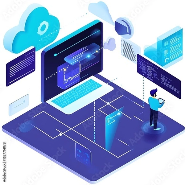 Fototapeta Isometric cloud computing illustration showing data management systems high resolution picture
