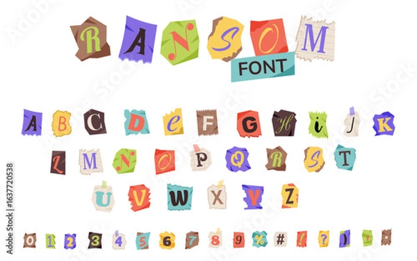 Fototapeta Ransom font. Letters and numbers cut from newspapers and magazines. Anonymous, ransom, magazine, newspaper alphabet.