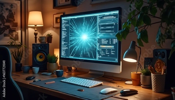 Fototapeta Moderner Arbeitsplatz mit Großbildschirm und Programmieroberfläche 
