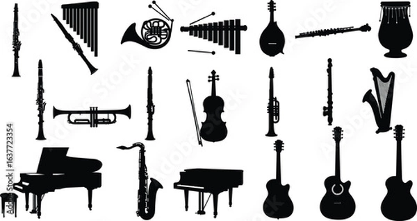 Obraz Musical instruments silhouette set, piano, guitar, trumpet, violin, flute, saxophone, harp, percussion, wind instruments, orchestra, vector music design.