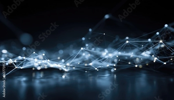 Fototapeta Abstract network graphic.  Delicate, luminous lines and points connect in a complex, flowing web against a dark background.  Soft reflections suggest a surface