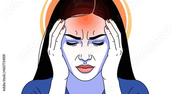 Obraz Woman experiencing intense headache, hands on temples, eyes closed, pained expression.