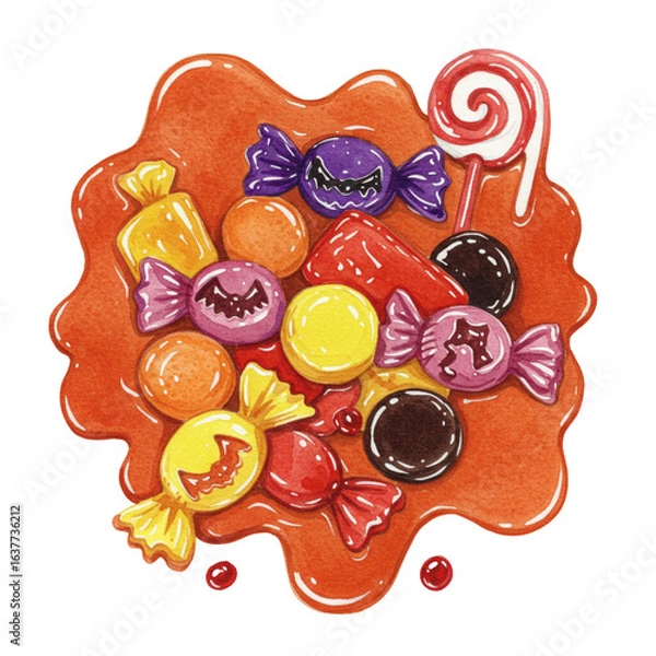 Fototapeta Colorful Candy Collection in a Sweet Puddle with Lollipop and Fun Shapes