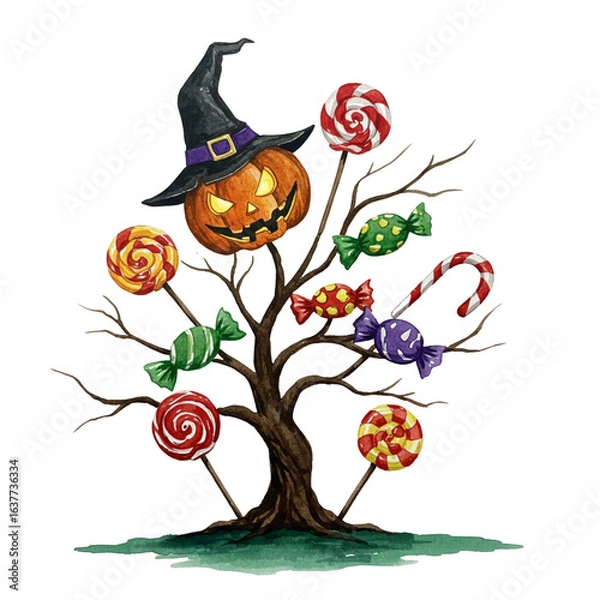 Fototapeta Halloween Themed Pumpkin with Candies on Spooky Tree for Fun and Festive Artwork