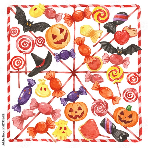 Fototapeta Colorful Halloween Candy Collection with Pumpkins, Bats, and Lollipops in Festive Arrangement
