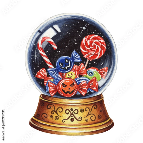 Fototapeta Colorful Candy-Themed Snow Globe Design with Halloween and Christmas Sweets Inside