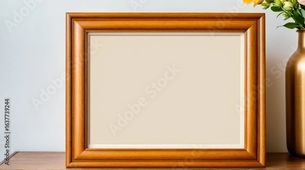 Fototapeta A wooden frame with a white background sits on a table