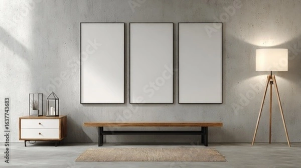 Obraz Modern Interior with Three Blank Frames, Lamp, and Bench for Art Mockup Display