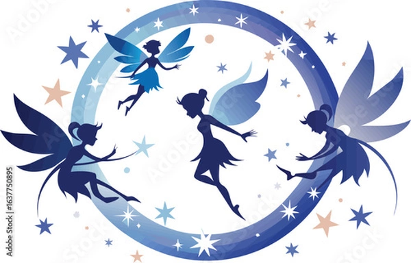 Fototapeta This collection of black and white images depicts illustrations of a group of fairies, shown together in whimsical scenes