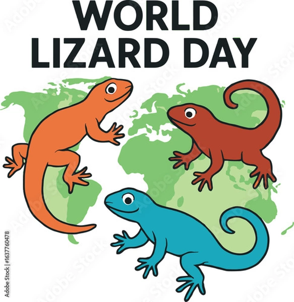 Fototapeta World Lizard Day Cartoon Illustration with Vibrant Stylized Lizards and Global Map Background