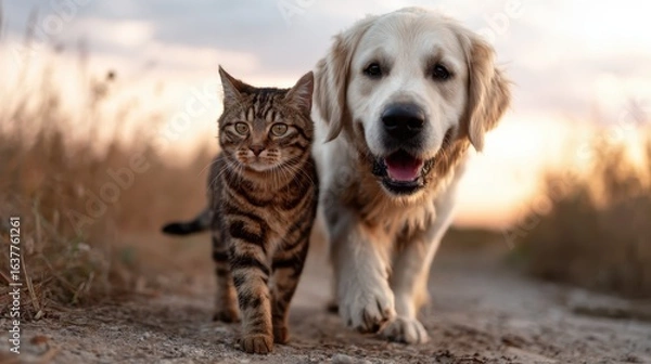 Fototapeta A friendly golden retriever and a playful tabby cat stroll side by side, enjoying the serenity of nature at sunset, showcasing their unique bond and companionship.