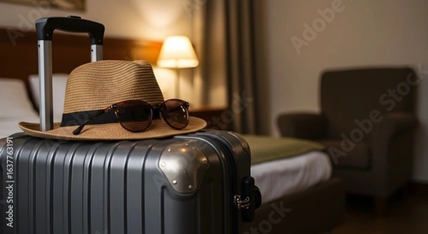 Fototapeta Close-up of a suitcase with a stylish hat and sunglasses placed on top of it