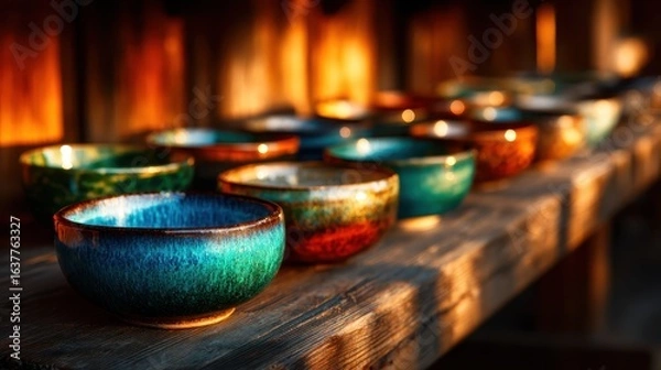 Fototapeta A vibrant display of beautifully crafted ceramic bowls, showcasing rich colors and glazes, arranged neatly on a rustic wooden shelf under warm ambient lighting.