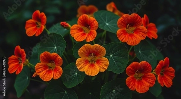 Obraz Scenic view of a high-angle view of the garden nasturtium flower plant with green leaves