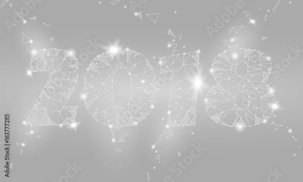 Obraz Geometric polygonal 2018 New Year Greeting card. Low poly triangle future technology neutral gray white silver metalic background. Corporate business design vector illustration