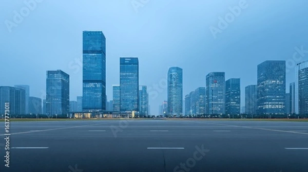 Fototapeta Cityscape at Dusk: Modern Architecture and Urban Landscape with Empty Road in Foreground