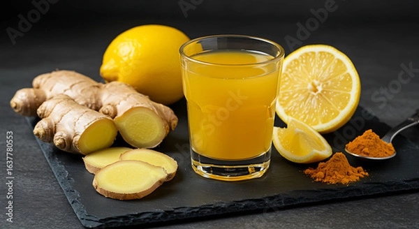 Fototapeta "Small glass shot of ginger lemon detox drink placed on a slate board, surrounded by fresh ginger root slices, lemon wedges, and turmeric powder, bright daylight emphasizing vibrant colors for a healt