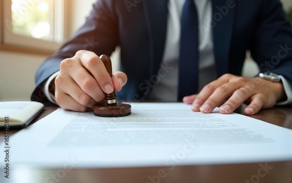 Fototapeta Man stamping approval on financial, banking, or investment documents at his desk official paperwork. rubber stamp with contract law and business documentation for legal agreements financial.