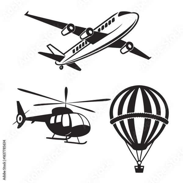 Fototapeta Airplane, helicopter, and hot air balloon isolated on white background