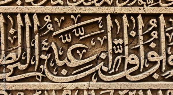 Fototapeta Ancient Arabic Calligraphy: Intricate Script Carved into Cracked Sandstone