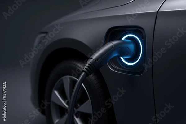 Fototapeta Electric Vehicle Charging: Close-up of Plug Connection on a Sleek Gray Car for Eco-Friendly Transportation