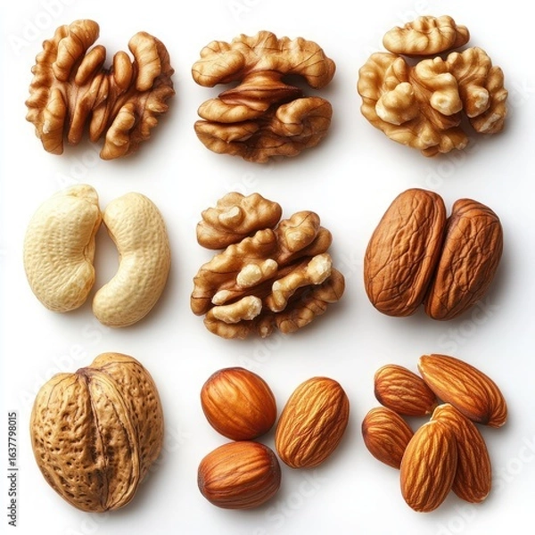 Obraz Assortment of Various Nuts Including Walnuts, Cashews, Almonds, and Hazelnuts on White Background