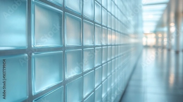 Fototapeta Soft Focus on Glass Block Wall with Warm Light Reflections in a Modern Interior Space