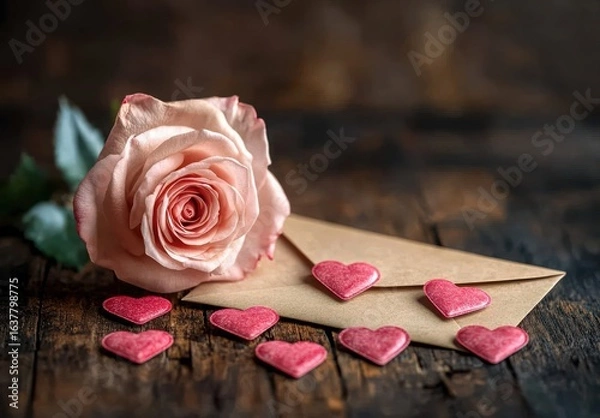 Fototapeta Romantic Arrangement with Pink Rose and Heart-shaped Candies on Rustic Wooden Surface