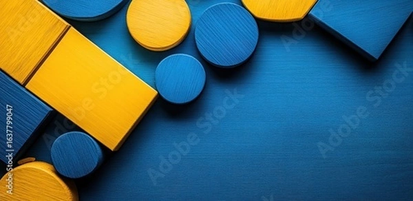 Fototapeta Colorful geometric shapes in blue and yellow arrangement on a vibrant background, ideal for creative and playful designs.