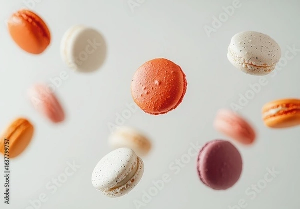 Fototapeta Colorful French Macarons Floating in the Air Against a Light Background
