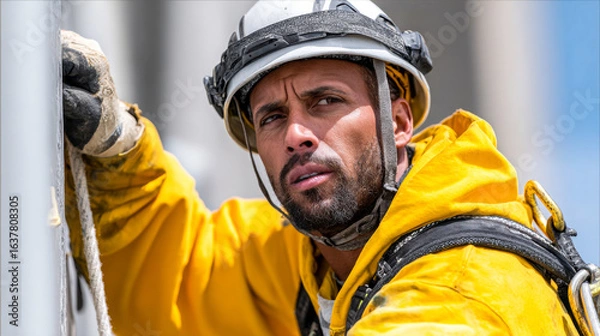 Fototapeta Maintenance engineer worker in yellow jacket and helmet is focused on his task, showcasing determination and skill