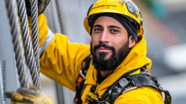 Fototapeta Maintenance engineer worker yellow safety jacket and helmet smiles while climbing structure, showcasing confidence