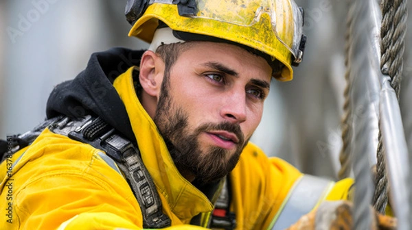 Fototapeta Maintenance engineer worker yellow safety suit and helmet focuses intently his task, showcasing dedication and professionalism