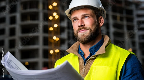 Fototapeta Civil engineer inspects construction plans with thoughtful expression, wearing hard hat and safety vest on building site