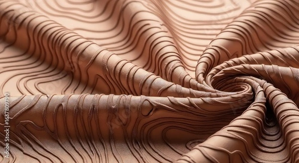 Fototapeta Elegant Swirl of Draped Brown Fabric with Intricate Topographic Texture