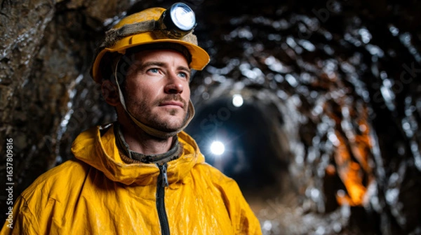Fototapeta Mining engineer wearing yellow jacket and helmet with headlamp stands confidently underground tunnel, showcasing determination