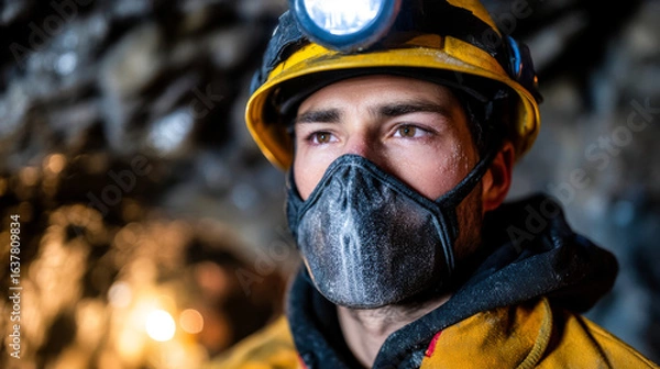 Fototapeta Underground mining engineer wearing safety gear, focused work dimly lit environment, showcasing dedication and professionalism