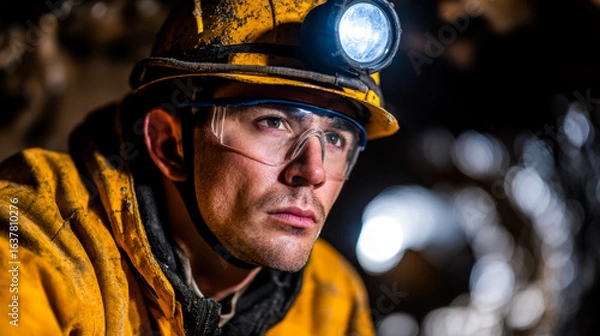 Fototapeta Underground mining engineer wearing safety gear, focused work, illuminated by headlamp, showcasing determination